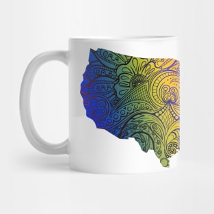 Colorful mandala art map of the United States of America in blue, yellow and red with dark hues Mug